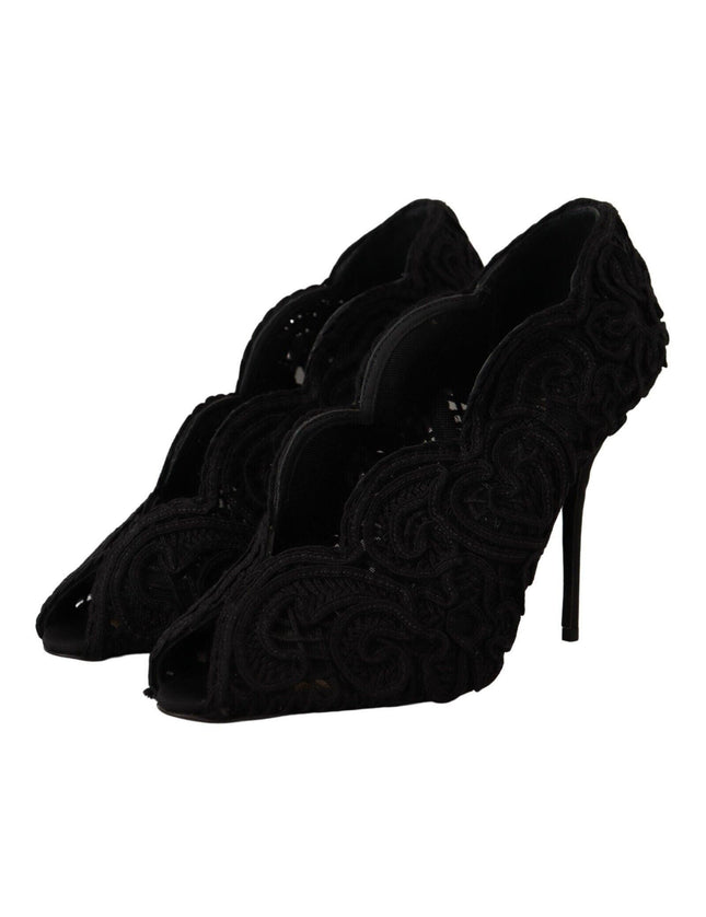 Dolce & Gabbana Black Cordonetto Ricamo Pump Open Toe Shoes - Ellie Belle