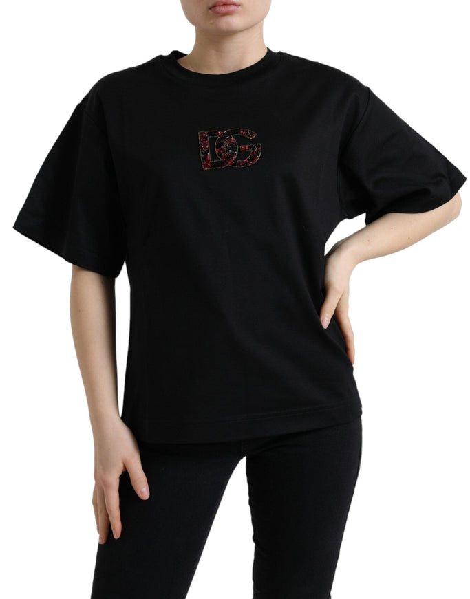 Dolce & Gabbana Black Cotton DG Crystal Crewneck Tee T-shirt - Ellie Belle