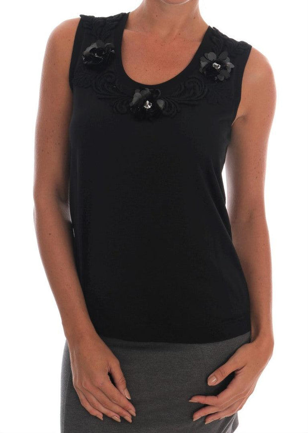 Dolce & Gabbana Black Cotton Floral Crystal Tank Top