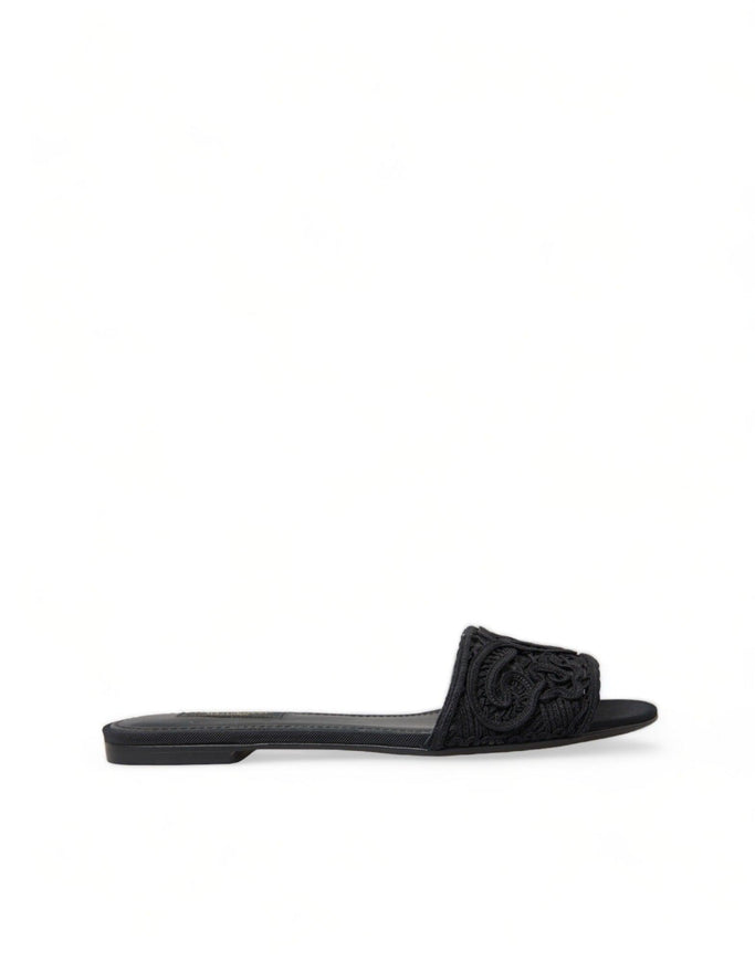 Dolce & Gabbana Black Cotton Heart Embroidery Sandals Shoes - Ellie Belle