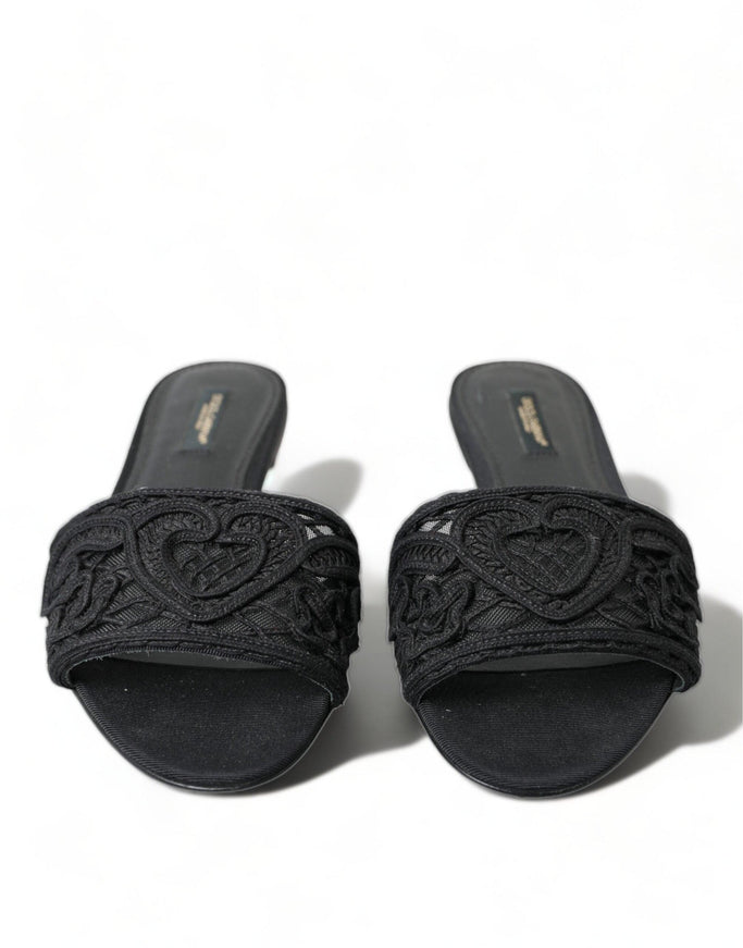 Dolce & Gabbana Black Cotton Heart Embroidery Sandals Shoes - Ellie Belle