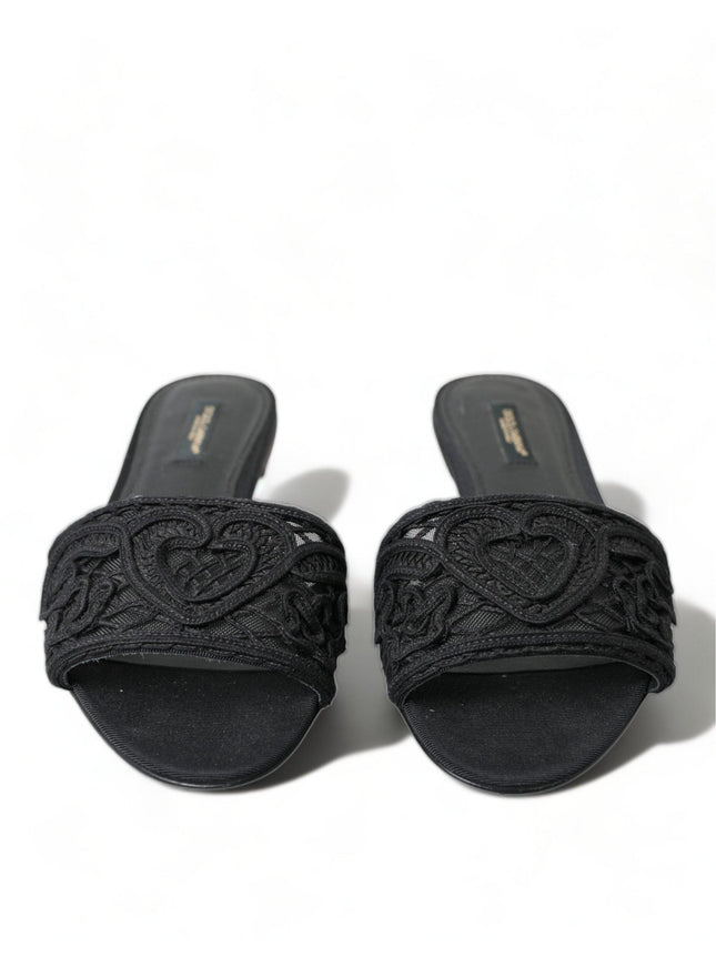 Dolce & Gabbana Black Cotton Heart Embroidery Sandals Shoes - Ellie Belle