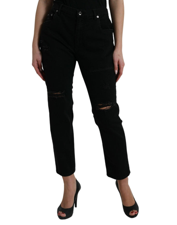 Dolce & Gabbana Black Cotton High Waist Tattered Denim Jeans - Ellie Belle