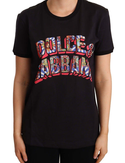 Dolce & Gabbana Black Cotton Large Print Top Crewneck T-shirt - Ellie Belle