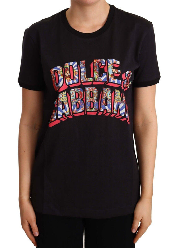 Dolce & Gabbana Black Cotton Large Print Top Crewneck T-shirt - Ellie Belle