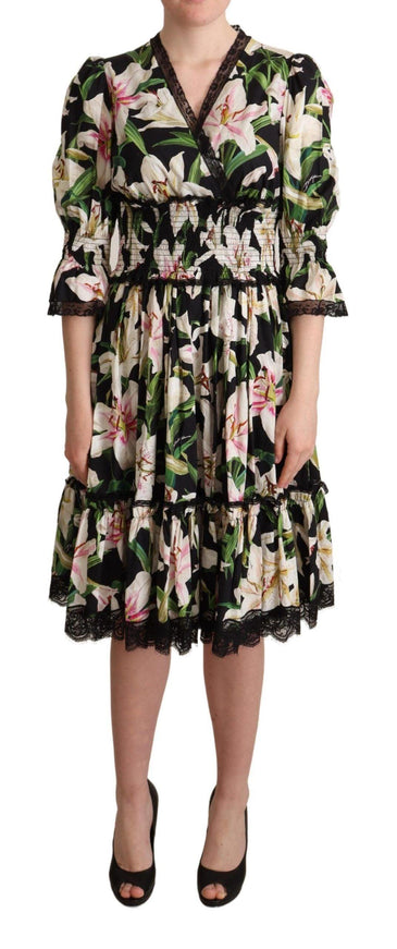 Dolce & Gabbana Black Cotton Lily Print Lace Trim Dress - Ellie Belle