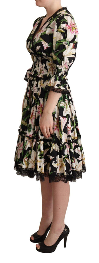 Dolce & Gabbana Black Cotton Lily Print Lace Trim Dress - Ellie Belle