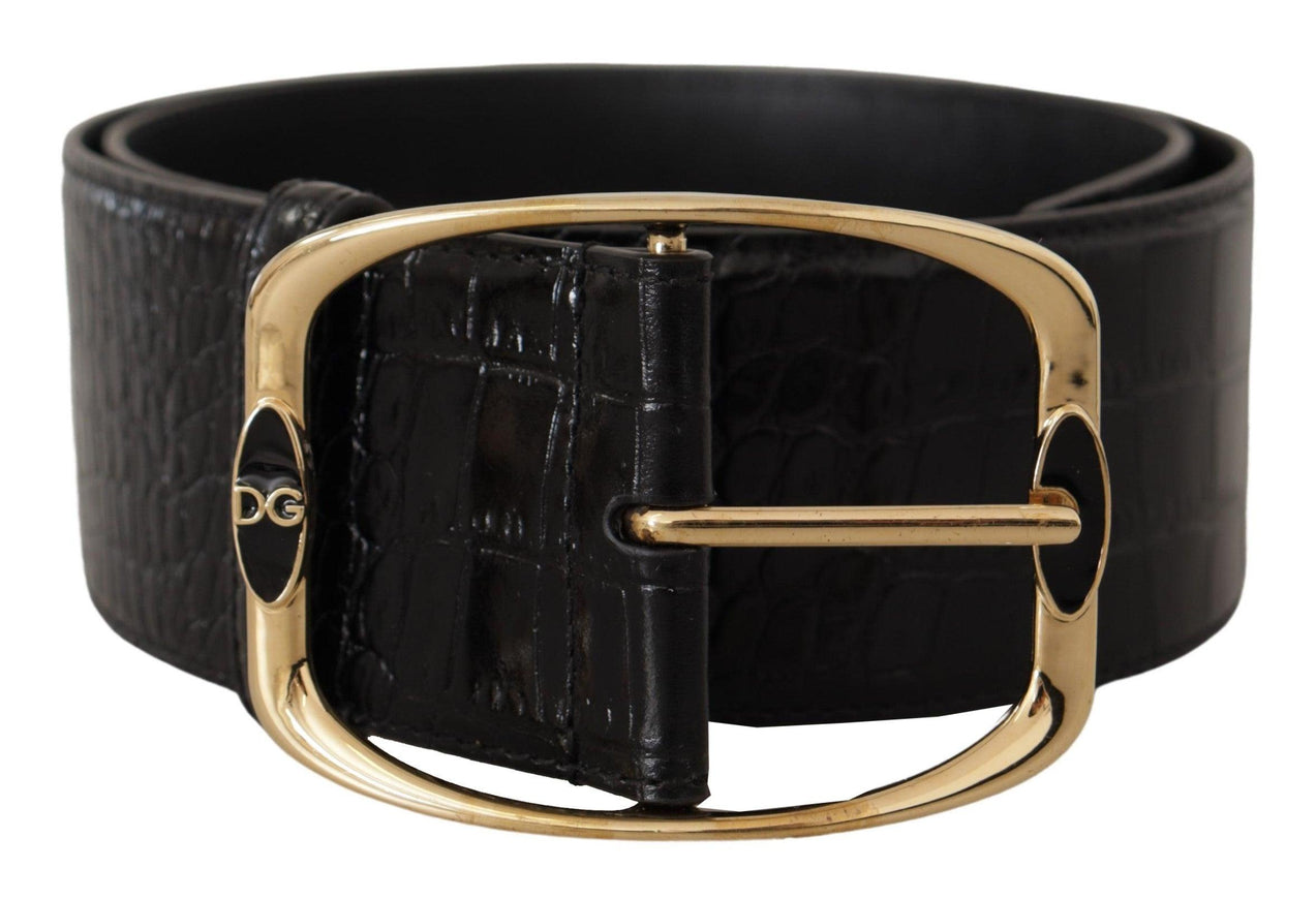 Dolce & Gabbana Black Crocodile Print Gold Metal DG Logo Buckle Belt - Ellie Belle