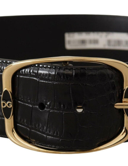 Dolce & Gabbana Black Crocodile Print Gold Metal DG Logo Buckle Belt - Ellie Belle