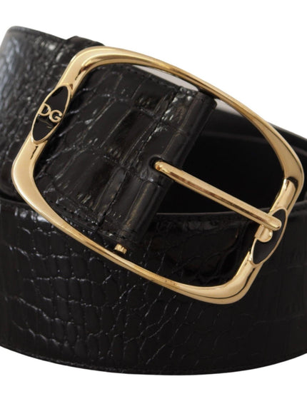 Dolce & Gabbana Black Crocodile Print Gold Metal DG Logo Buckle Belt - Ellie Belle