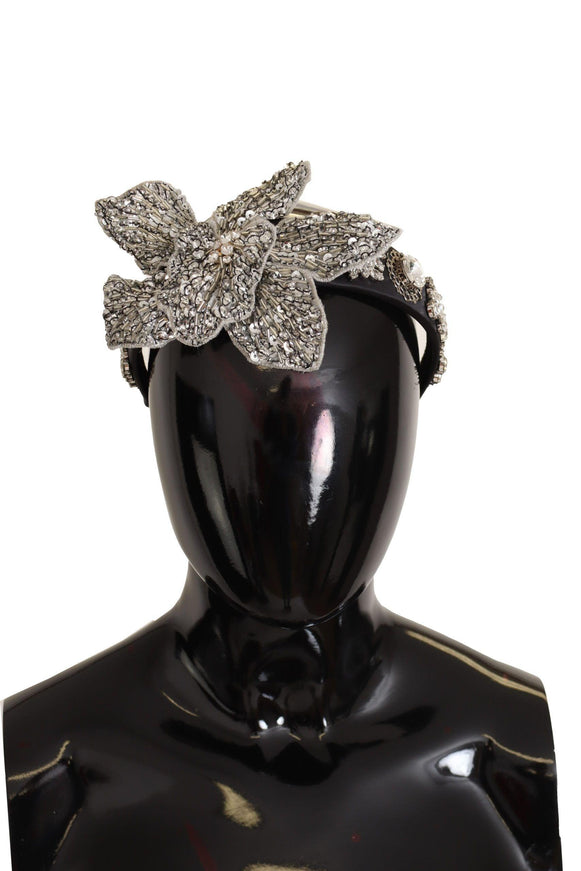 Dolce & Gabbana Black Crystal Beaded Sequined Large Flower Diadem Headband - Ellie Belle