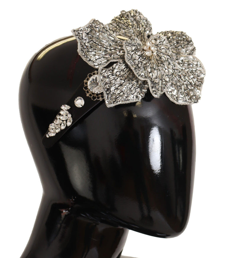 Dolce & Gabbana Black Crystal Beaded Sequined Large Flower Diadem Headband - Ellie Belle