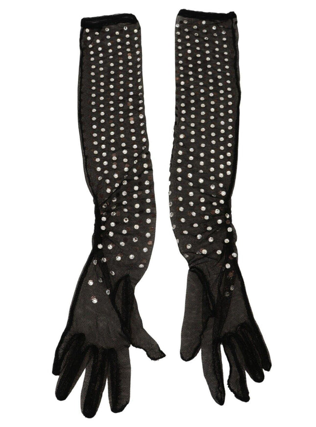 Dolce & Gabbana Black Crystal Elbow Length Cotton Tulle Gloves - Ellie Belle