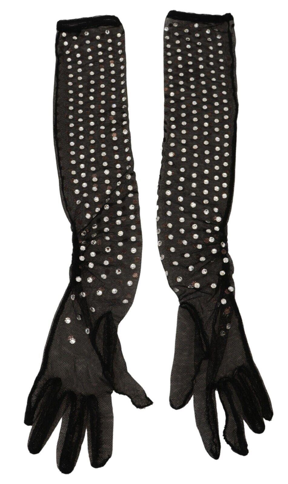 Dolce & Gabbana Black Crystal Elbow Length Cotton Tulle Gloves - Ellie Belle