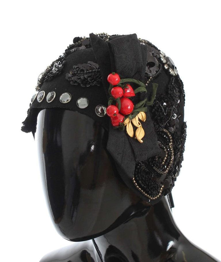 Dolce & Gabbana Black Crystal Gold Cherries Brooch Hat - Ellie Belle