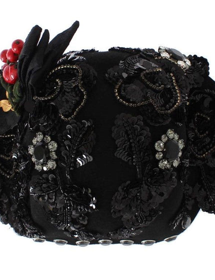 Dolce & Gabbana Black Crystal Gold Cherries Brooch Hat - Ellie Belle