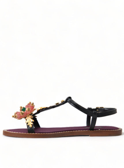 Dolce & Gabbana Black Crystal Gold Sandals Leather Shoes - Ellie Belle