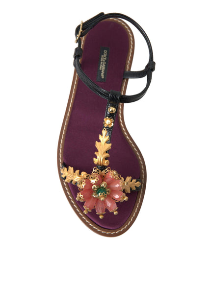 Dolce & Gabbana Black Crystal Gold Sandals Leather Shoes - Ellie Belle