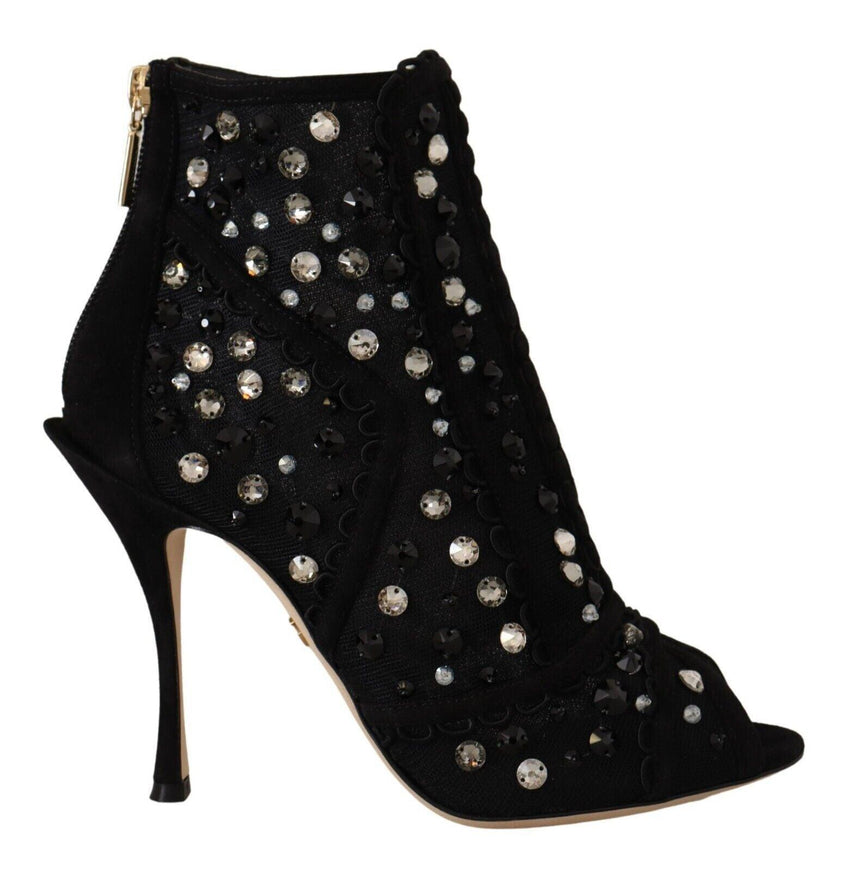 Dolce & Gabbana Black Crystals Heels Zipper Short Boots Shoes - Ellie Belle