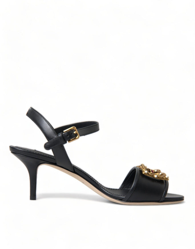 Dolce & Gabbana Black DG Amore Leather Heels Sandals Shoes - Ellie Belle