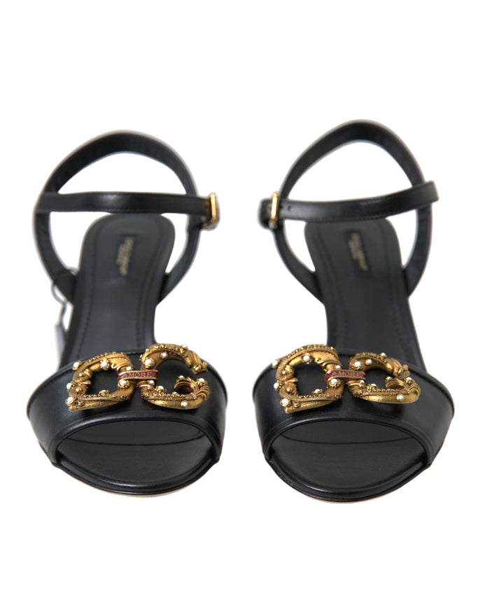 Dolce & Gabbana Black DG Amore Leather Heels Sandals Shoes - Ellie Belle