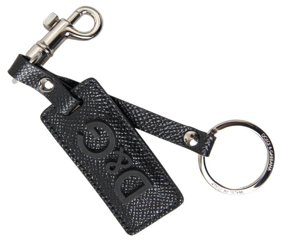 Dolce & Gabbana Black DG Logo Leather Silver Metal Keychain - Ellie Belle