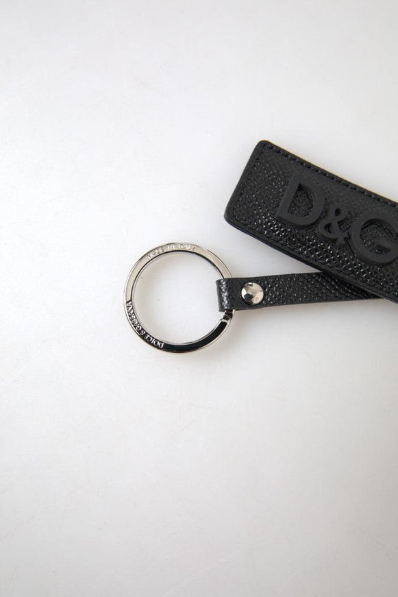 Dolce & Gabbana Black DG Logo Leather Silver Metal Keychain - Ellie Belle