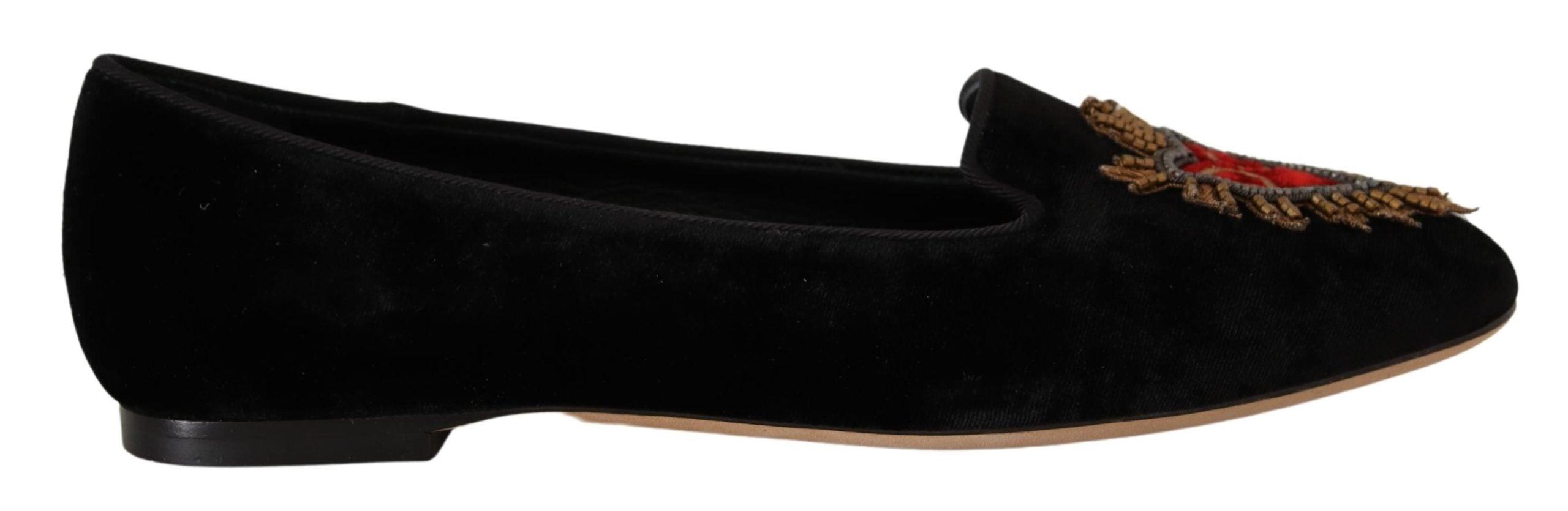 Dolce & Gabbana Black DG Sacred Heart Patch Slip On Flat Shoes - Ellie Belle