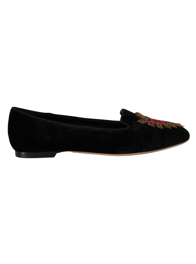 Dolce & Gabbana Black DG Sacred Heart Patch Slip On Flat Shoes - Ellie Belle