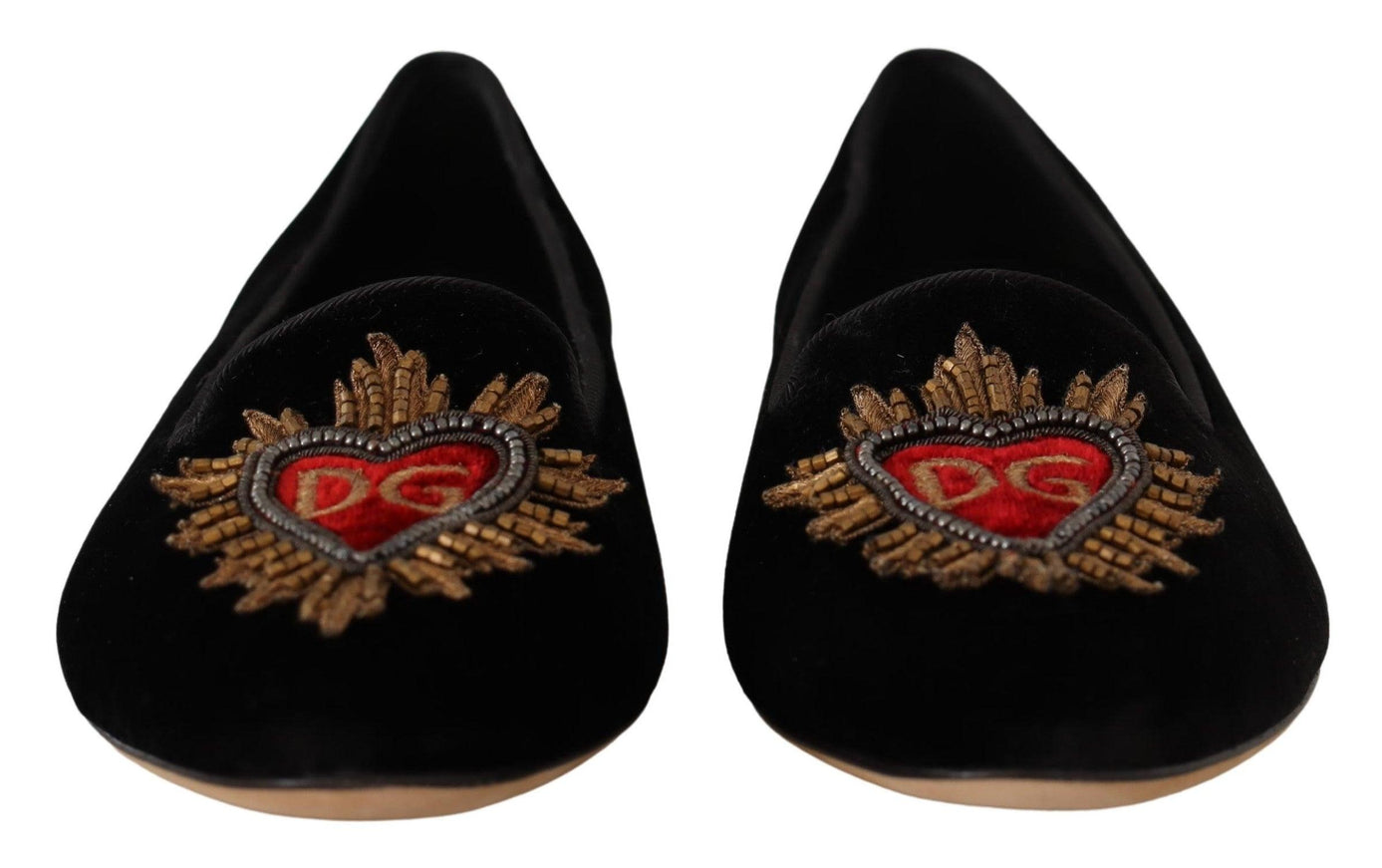 Dolce & Gabbana Black DG Sacred Heart Patch Slip On Flat Shoes - Ellie Belle