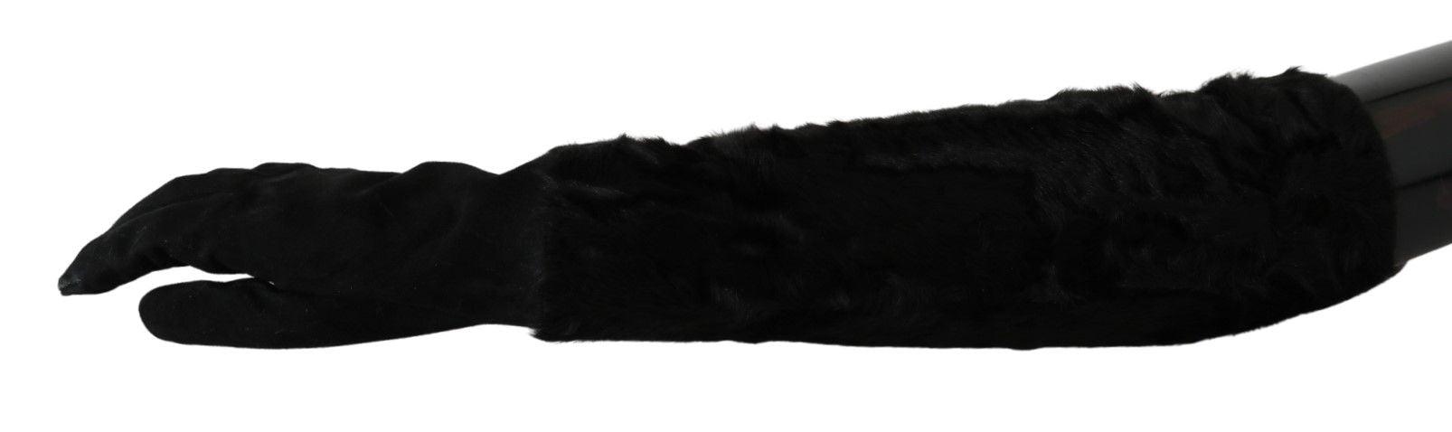 Dolce & Gabbana Black Elbow Length Mitten Suede Fur Gloves - Ellie Belle