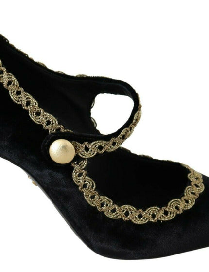 Dolce & Gabbana Black Embellished Velvet Mary Jane Pumps Shoes - Ellie Belle