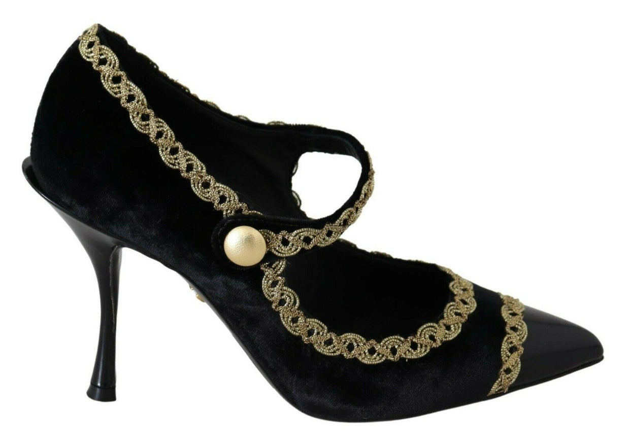 Dolce & Gabbana Black Embellished Velvet Mary Jane Pumps Shoes - Ellie Belle