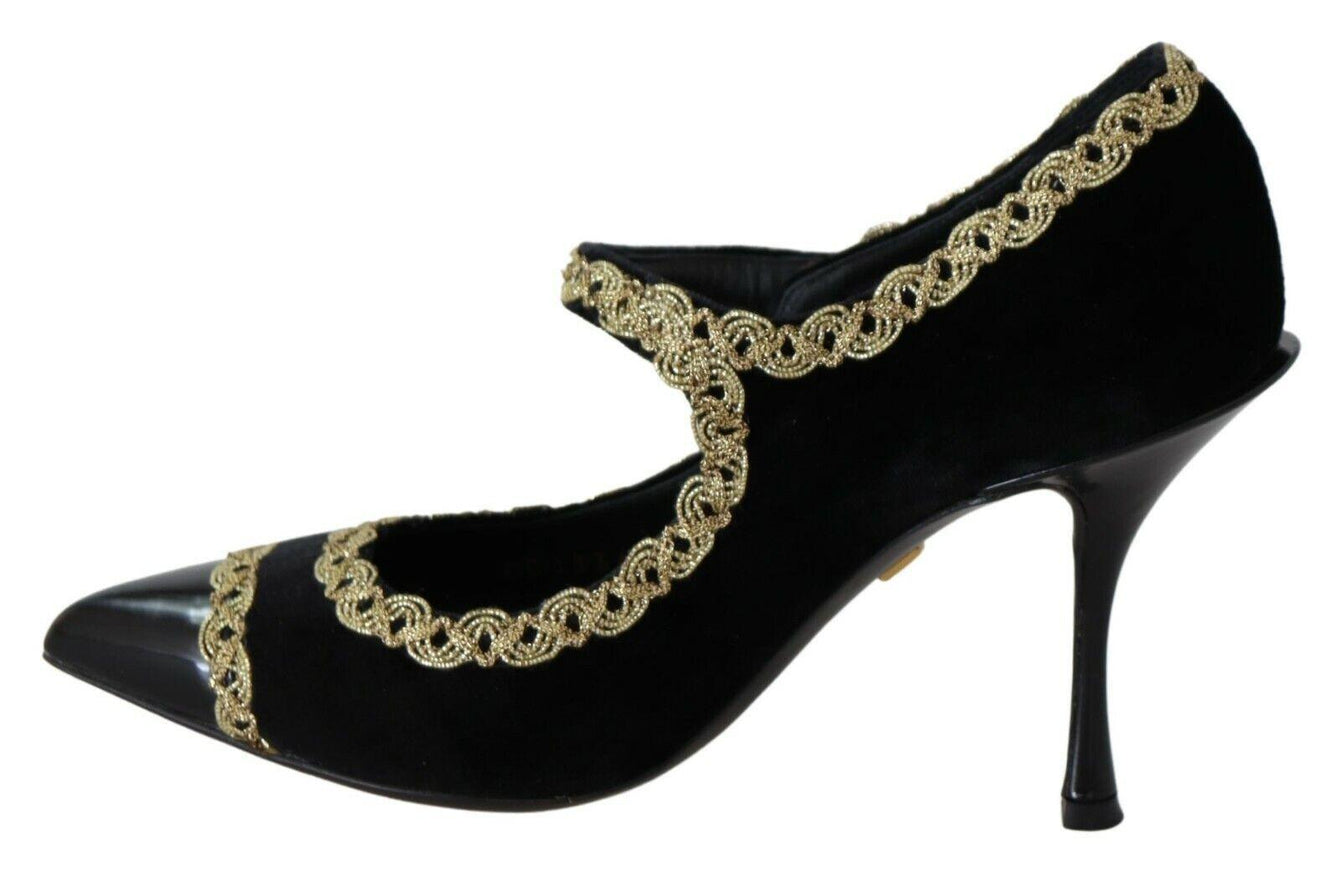 Dolce & Gabbana Black Embellished Velvet Mary Jane Pumps Shoes - Ellie Belle