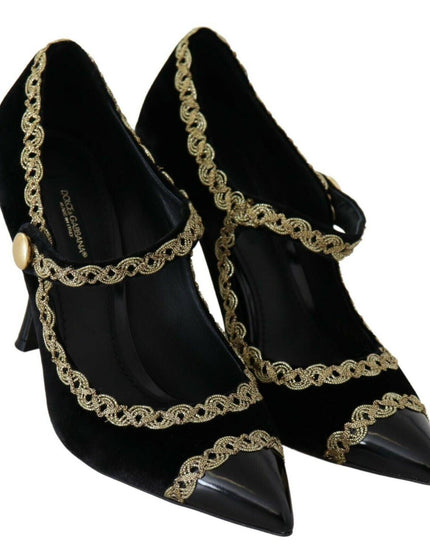 Dolce & Gabbana Black Embellished Velvet Mary Jane Pumps Shoes - Ellie Belle