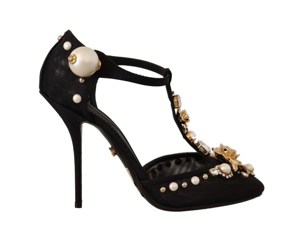 Dolce & Gabbana Black Faux Pearl Crystal Vally Heels Sandals Shoes - Ellie Belle