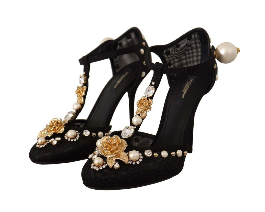 Dolce & Gabbana Black Faux Pearl Crystal Vally Heels Sandals Shoes - Ellie Belle