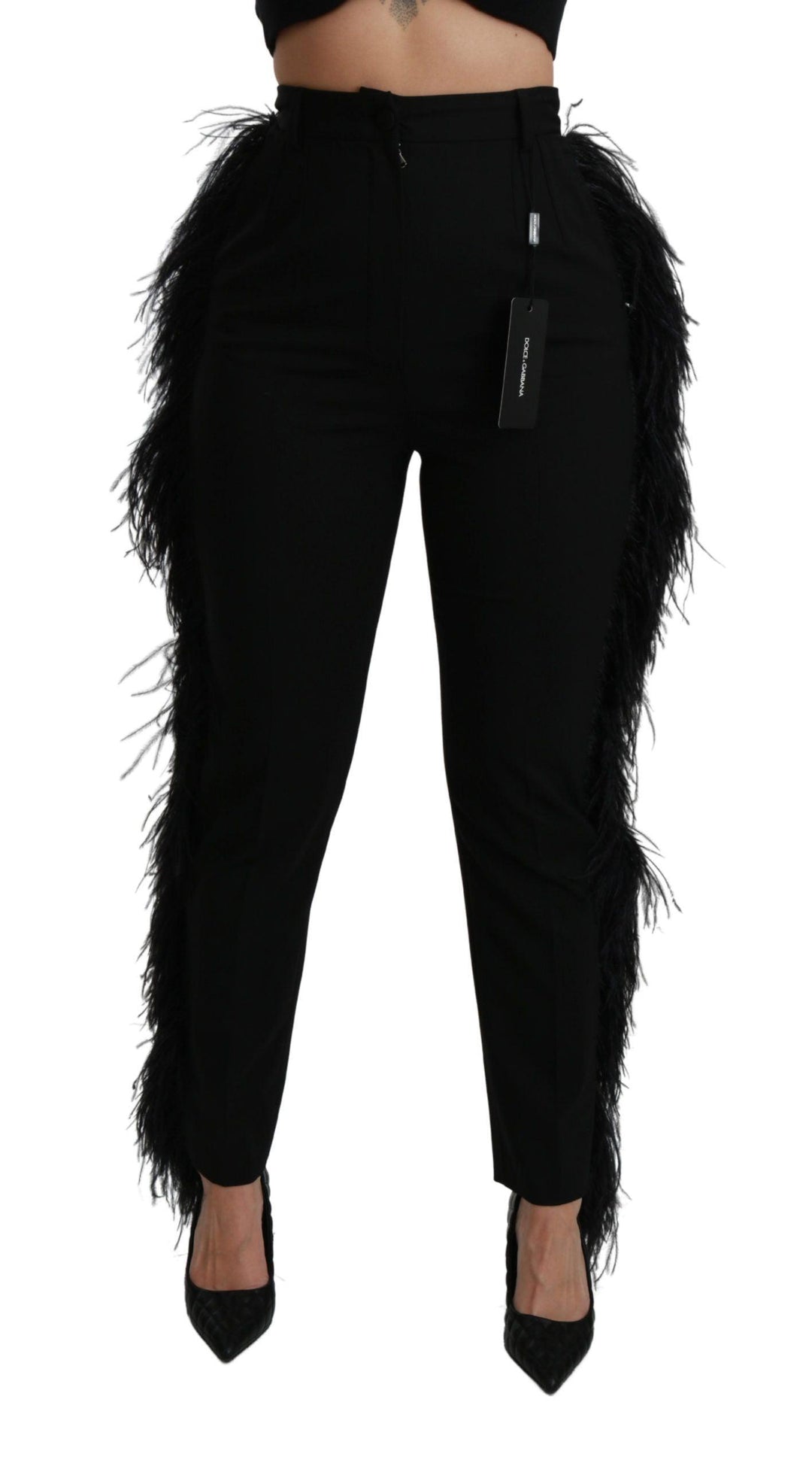 Dolce & Gabbana Black Feather Straight High Waist Wool Pants - Ellie Belle