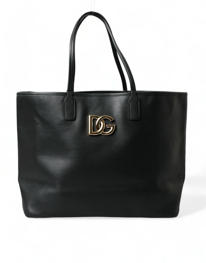 Dolce & Gabbana Black Fefè Medium Leather Logo Tote Shopping Bag - Ellie Belle