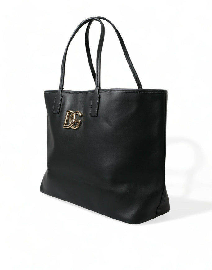 Dolce & Gabbana Black Fefè Medium Leather Logo Tote Shopping Bag - Ellie Belle