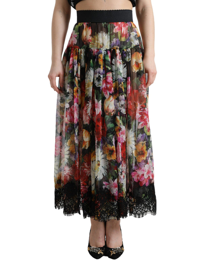 Dolce & Gabbana Black Fiori Lace High Waist Aline Maxi Skirt - Ellie Belle