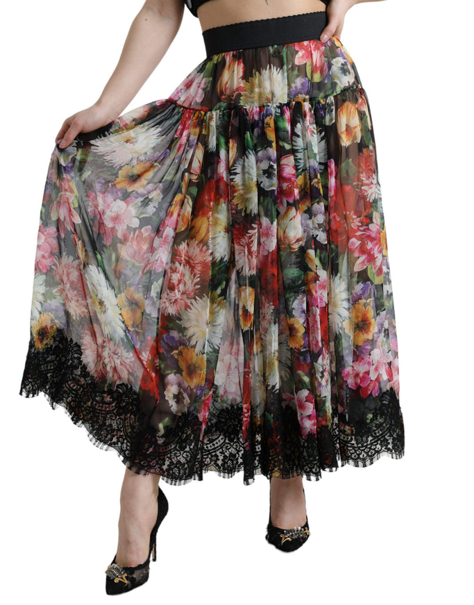 Dolce & Gabbana Black Fiori Lace High Waist Aline Maxi Skirt - Ellie Belle