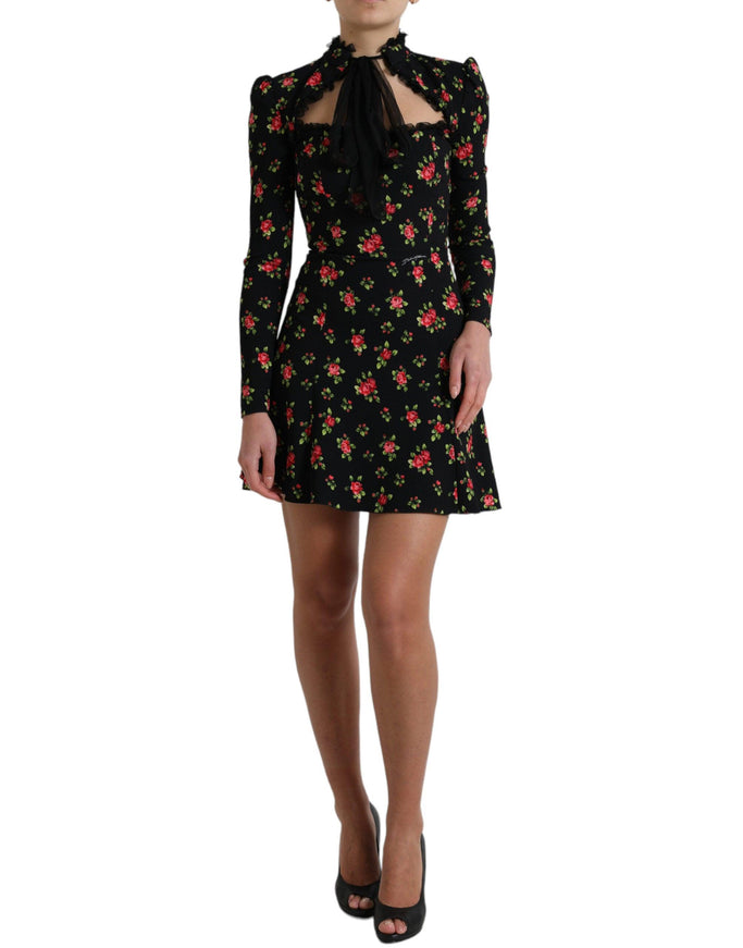 Dolce & Gabbana Black Floral A-line Long Sleeves Mini Dress - Ellie Belle