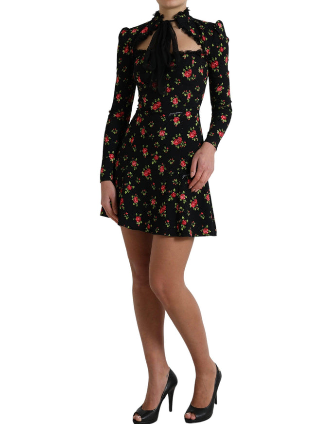 Dolce & Gabbana Black Floral A-line Long Sleeves Mini Dress - Ellie Belle