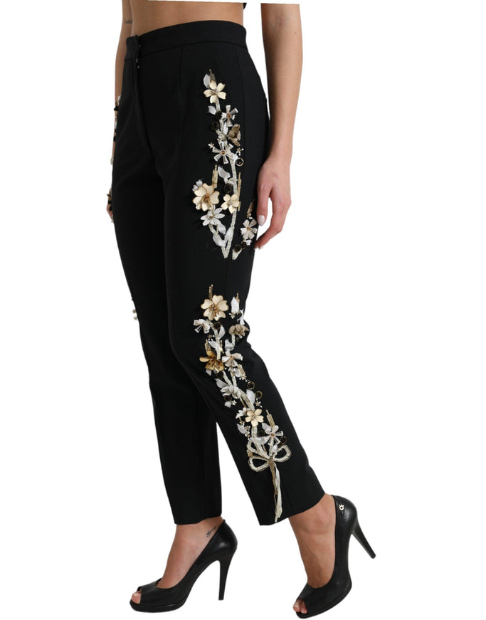 Dolce & Gabbana Black Floral Applique High Waist Tapered Pants - Ellie Belle