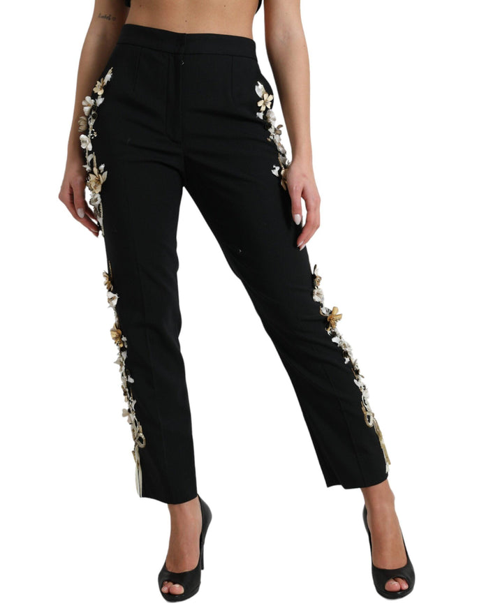 Dolce & Gabbana Black Floral Applique High Waist Tapered Pants - Ellie Belle