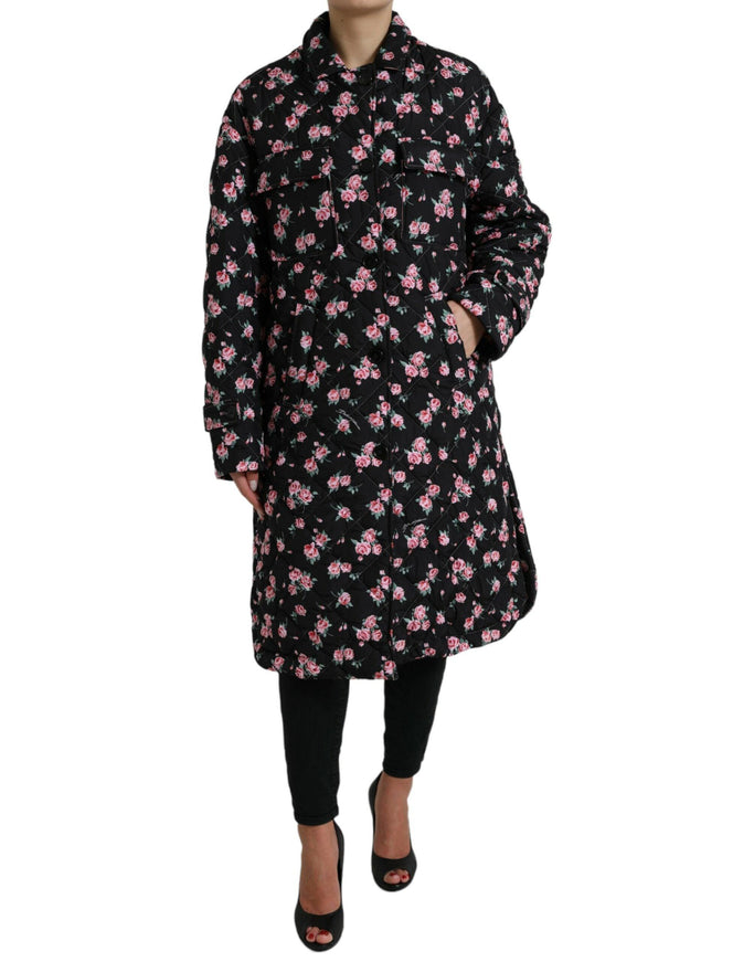 Dolce & Gabbana Black Floral Collared Trench Coat Jacket - Ellie Belle