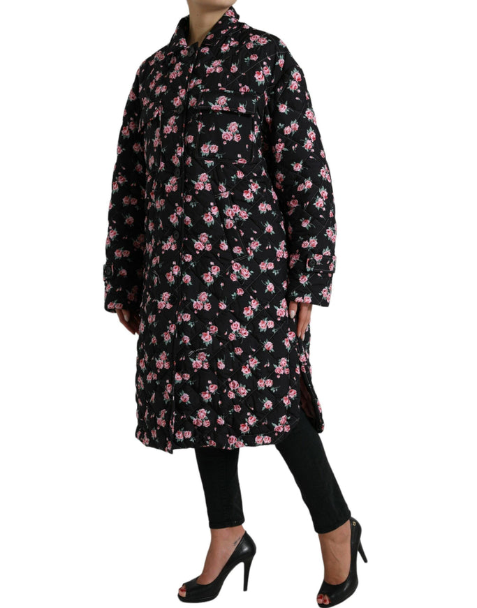 Dolce & Gabbana Black Floral Collared Trench Coat Jacket - Ellie Belle