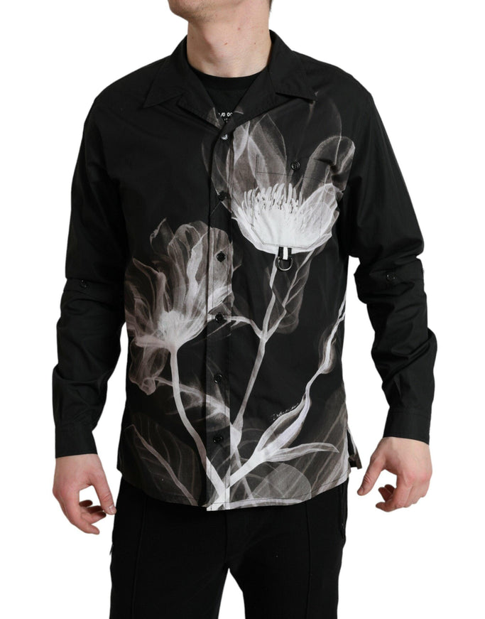 Dolce & Gabbana Black Floral Cotton Collared Long Sleeves Men Shirt - Ellie Belle