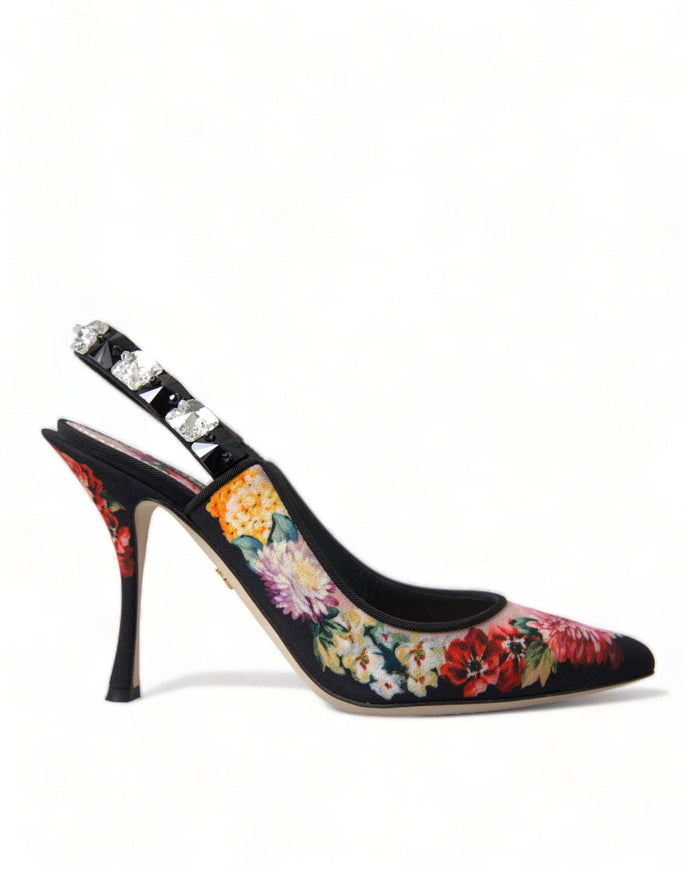 Dolce & Gabbana Black Floral Crystal Heels Slingbacks Shoes - Ellie Belle